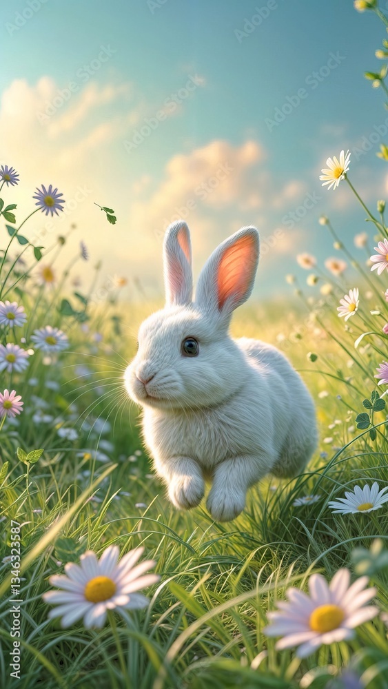 A cute bunny running in the garden with wild flowers. Easter season, holiday A cute bunny running in the garden with wild flowers. Easter season, holiday