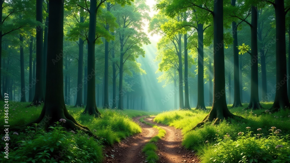 Sunlit Path Through a Lush, Verdant Forest, Serene and Tranquil, with Sunlight Streaming Through the Canopy, Illuminating a Winding Trail Sunlit Path Through a Lush, Verdant Forest, Serene and Tranquil, with Sunlight Streaming Through the Canopy, Illuminating a Winding Trail