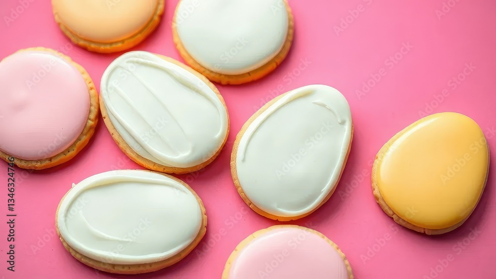 Delicate iced Easter cookies on pink background,, baking, pastel colors Delicate iced Easter cookies on pink background,, baking, pastel colors