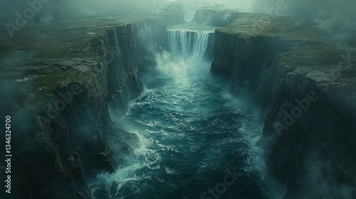 Misty, turbulent river cascading through a rugged canyon