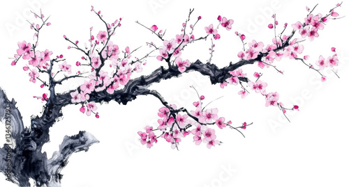Pink Blossom Branch, Asian Art Style