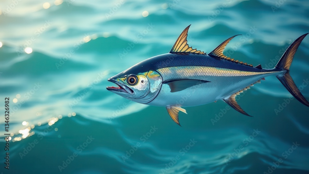 Naklejka premium A single pelagic fish gracefully glides through the aquamarine depths, its scales shimmering with an iridescent glow.