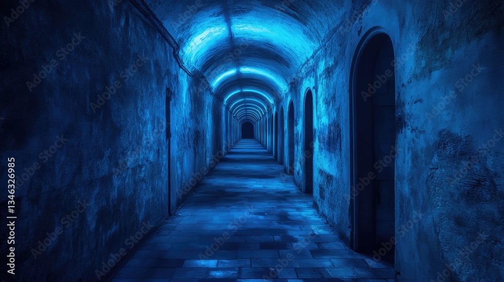 A long blue illuminated tunnel with arched openings on both sides A long blue illuminated tunnel with arched openings on both sides