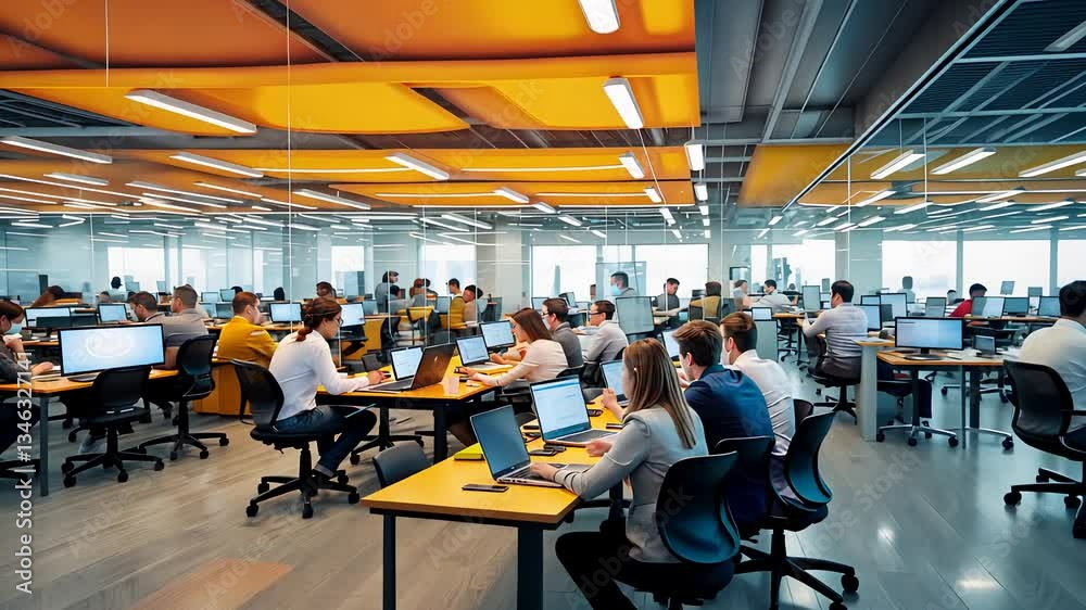 Modern Open-Plan Office with Employees Working on Computers in a Bright Collaborative Workspace with Yellow Accents
Modern Open-Plan Office with Employees Working on Computers in a Bright Collaborative Workspace with Yellow Accents