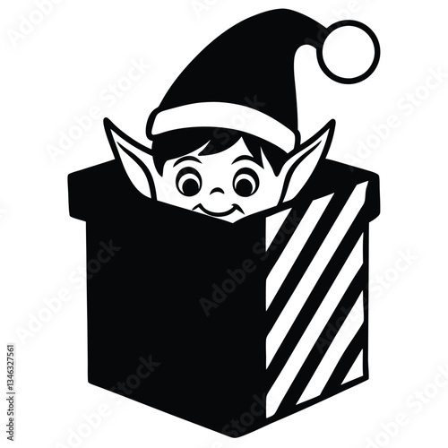 christmas elf peeking from behind present