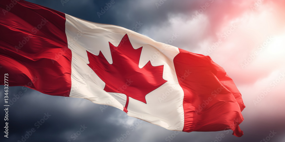 Fototapeta premium Flag of Canada waving in the breeze against a sunset sky. Banner with Canadian flag.