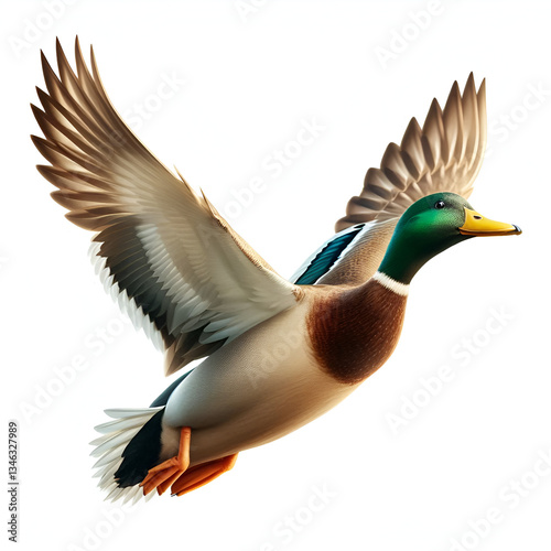 flying duck isolated on white background.
