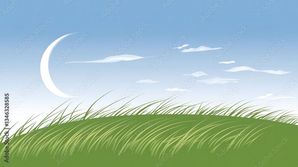 Fototapeta premium Crescent Moon over Windy Hill with Green Grass Landscape.