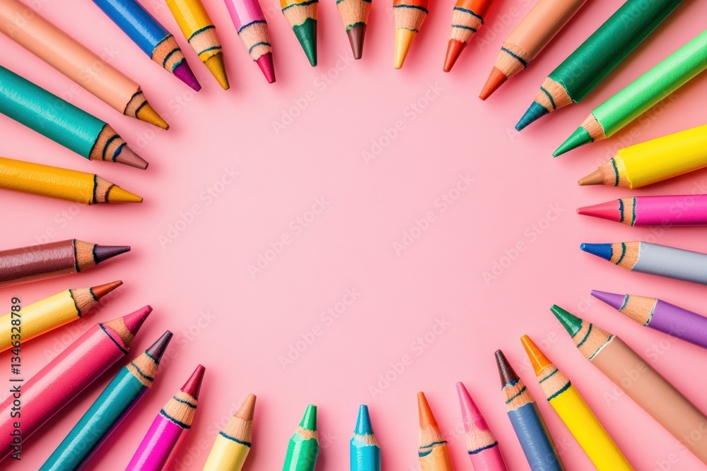 Fototapeta premium Brightly colored crayons framed by artistic paper circle design Generative AI