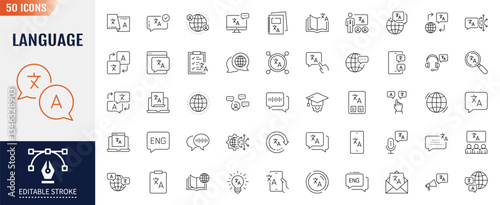 Language line editable icon set. Containing communication, translate, speech, non-verbal, writing, speaking, dictionary, language skills, vocabulary and more. Vector illustration