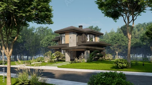 4K video rendering of modern two story house with gray and wood accents, large windows for sale or rent in luxurious style. Clear sunny summer day with blue sky.
