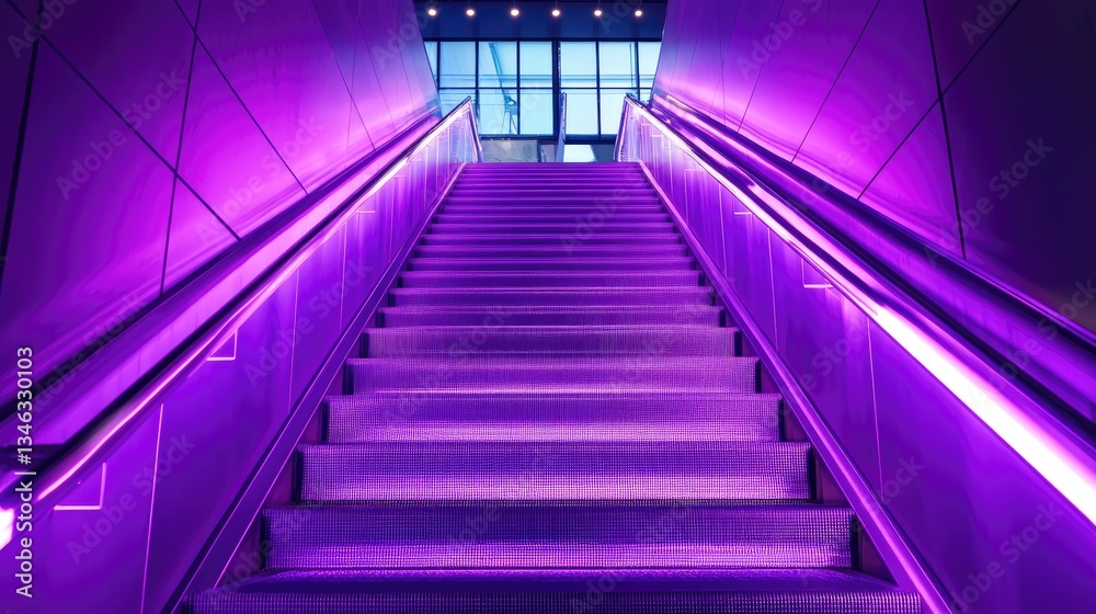 Fototapeta premium Purple Illuminated Staircase Leading Upward To A Bright Glass Window