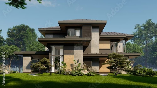 4K video rendering of modern two story house with gray and wood accents, large windows for sale or rent in luxurious style. Clear sunny summer day with blue sky.
