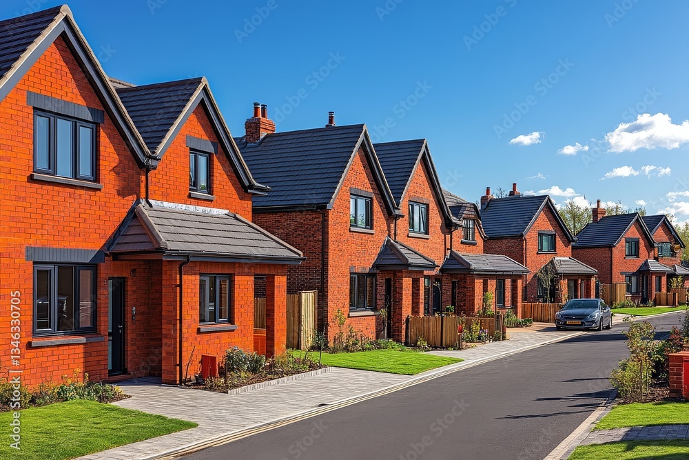 Row of new red brick houses with grey roof tiles in a sunny suburban UK street, with gardens, car park, and blue skies overhead. Row of new red brick houses with grey roof tiles in a sunny suburban UK street, with gardens, car park, and blue skies overhead.