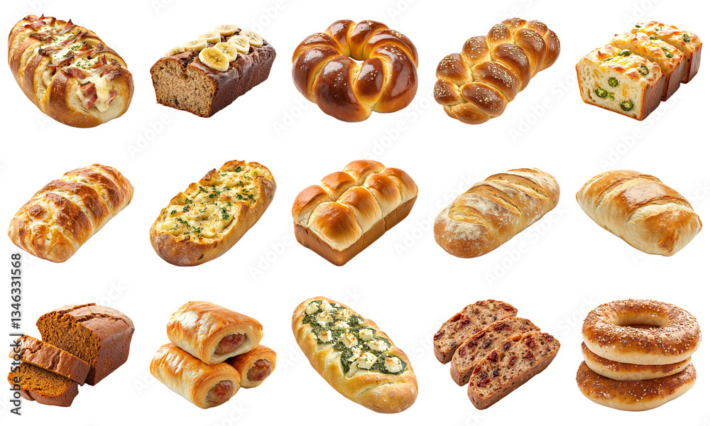 Assorted Freshly Baked Bread Varieties Including Loaves, Rolls, Sweet Breads, and Savory Treats for Culinary Inspiration and Baking Ideas. Piquant food set. Assorted Freshly Baked Bread Varieties Including Loaves, Rolls, Sweet Breads, and Savory Treats for Culinary Inspiration and Baking Ideas. Piquant food set.