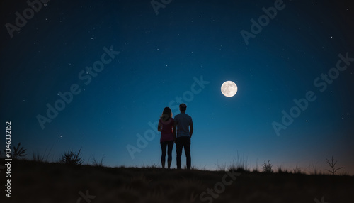 Couple admiring starry sky on a hill, serene moonlit night