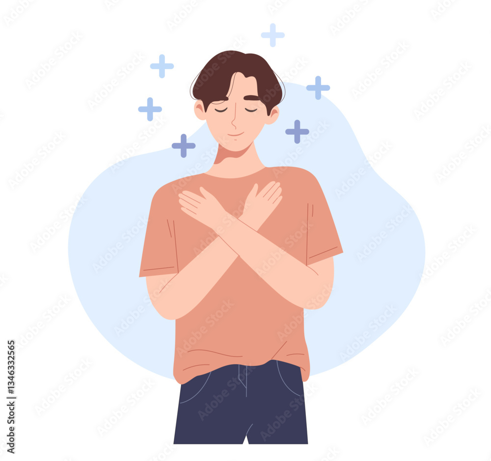 Young man embracing him self with positive symbols. Concept of self-love, encouragement, support, confident, mental well-being, healthy, self-hugging, calm. Flat vector illustration character. Young man embracing him self with positive symbols. Concept of self-love, encouragement, support, confident, mental well-being, healthy, self-hugging, calm. Flat vector illustration character.