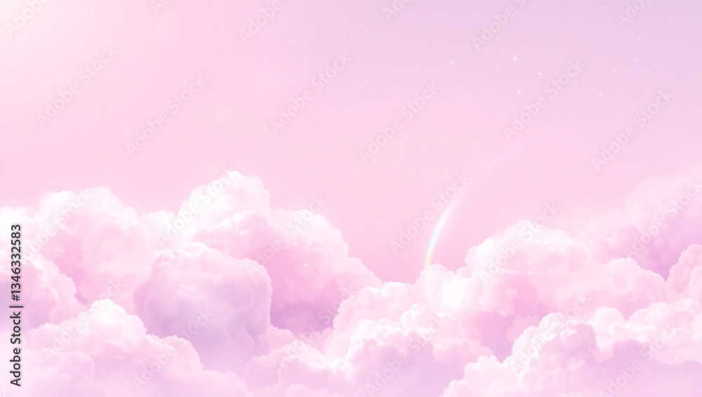 Fototapeta premium Dreamy Pink Cloudscape Illuminated by a Soft Pastel Sky with a Subtle Rainbow in Tranquil Heavenly Atmosphere