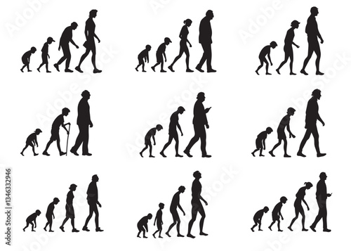 Human in different ages silhouette black color isolated on white background Vector illustration