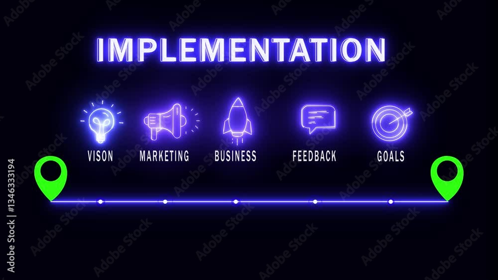 glowing neon implementation plan concept with thin line icons on black background. Infographic design. Chart with animated icons. glowing neon implementation plan concept with thin line icons on black background. Infographic design. Chart with animated icons.
