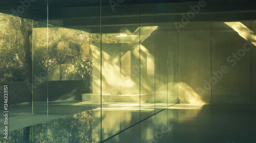 Glass Panes Embracing Morning Sunlight, Casting Subtle Reflections, Exuding Minimalist Calm