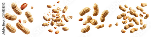 Closeup of an assortment of roasted peanuts in shells and shelled depicting a variety of shapes sizes and textures of this healthy plant based snack food photo