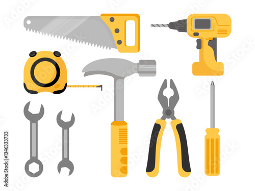 A vector illustration featuring a set of various hand tools including a hammer, wrench, screwdriver, saw, pliers, tape measure, and drill, perfect for DIY, construction, or repair themes.