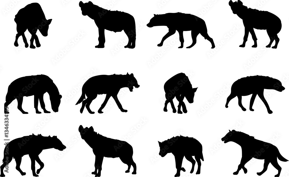 Naklejka premium hyenas, jackals set black silhouette vector