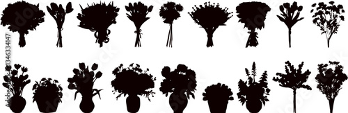 bouquets of flowers set black silhouette vector