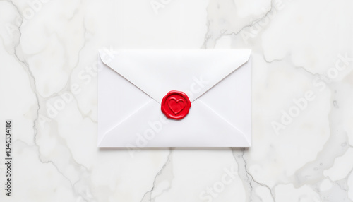 White envelope with red heart seal on marble countertop, love symbolism