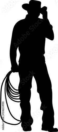 cowboy in hat with lasso black silhouette vector