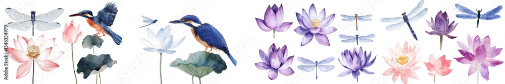 Obraz premium In a watercolor painting on an isolated background, a botanical illustration features a plant, lotus, dragonfly, and kingfisher, along with waterlilies and a bird