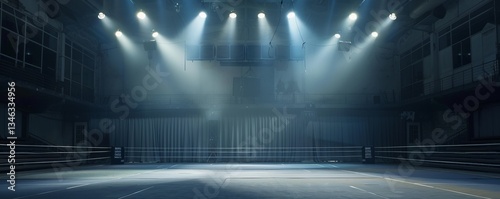 Deserted wrestling arena, lit by intense spotlights, waiting for the clash of competitors.