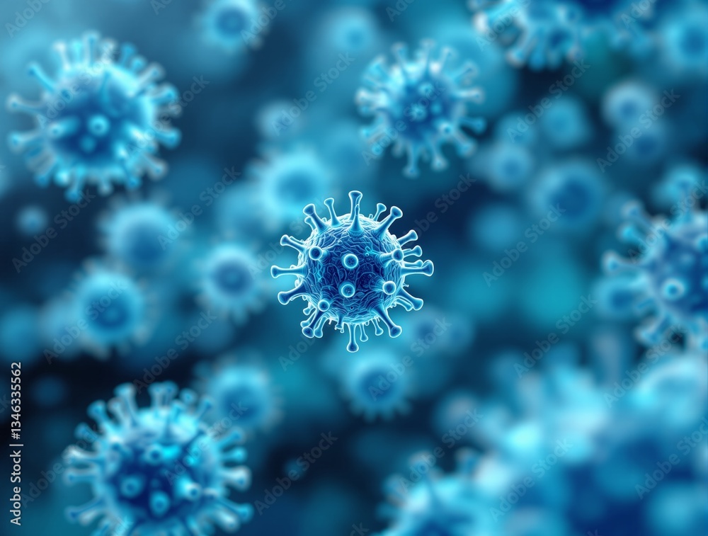 Close-up of virus cells with glowing blue details on a blurred background. Digital illustration concept of healthcare, microbiology, and infectious diseases. Ai generative Close-up of virus cells with glowing blue details on a blurred background. Digital illustration concept of healthcare, microbiology, and infectious diseases. Ai generative