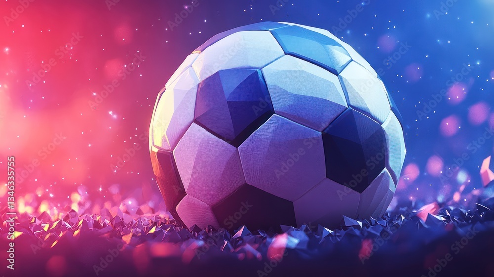 Naklejka premium Illuminated soccer ball on a bed of crystals, vibrant neon background