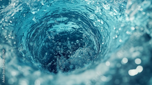 Close view of a swirling watery vortex with dynamic spiral motion and clear blue texture, representing fluid movement, turbulence, whirlpool formation, and abstract liquid energy concept photo