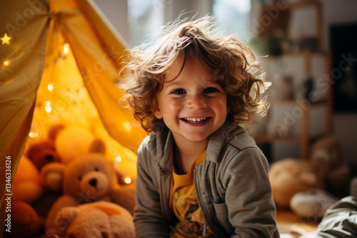  Joyful, giggling toddler frolicking in the cozy confines of their bedroom, surrounded by the warmth and familiarity of home