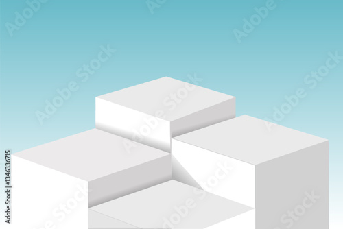 White geometric podium product with sky background, 3d white pedestal for product display or presentation, 4 blocks stage with sky backdrop, vector illustration EPS10.