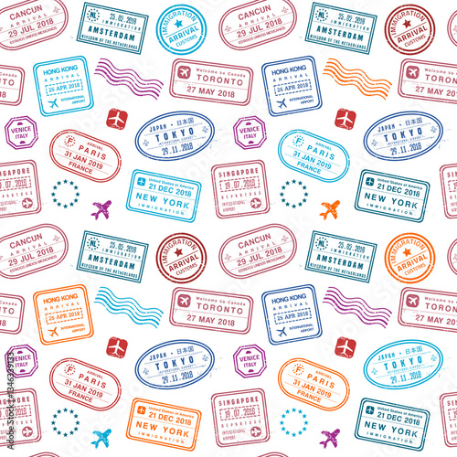 Travel background - colorful passport stamps collage. Fictitious stamps seamless pattern. Transparent PNG object graphic.