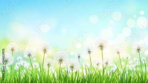 Dandelion field with spring nature background, and blue sky.