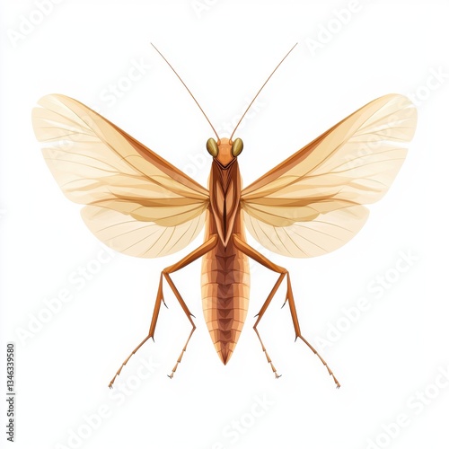Detailed Illustration of a Brown Mantis with Transparent Wings on a White Background