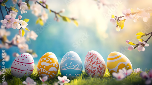 Easter. Easter eggs against the background of spring flowers and trees