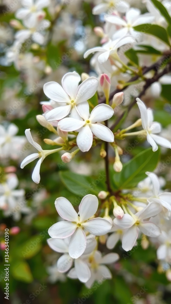 Delicate jasmine flowers unfolding on a branch, nature, petals, garden Delicate jasmine flowers unfolding on a branch, nature, petals, garden