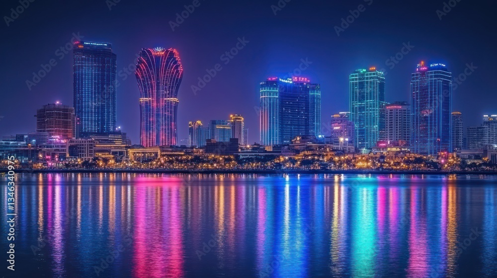 Fototapeta premium Night cityscape skyline reflecting on water, colorful lights, illuminated buildings, urban scene