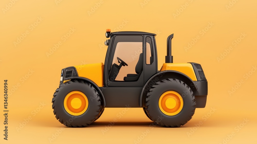 Naklejka premium A stylized yellow and black tractor against a bright orange background, showcasing its robust design and heavy-duty features.