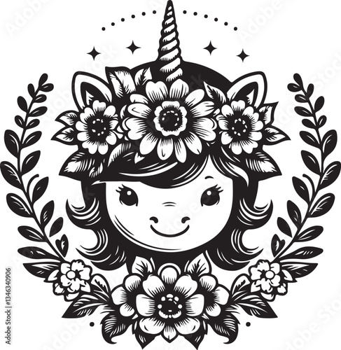 Solid Black Line Art Baby Unicorn