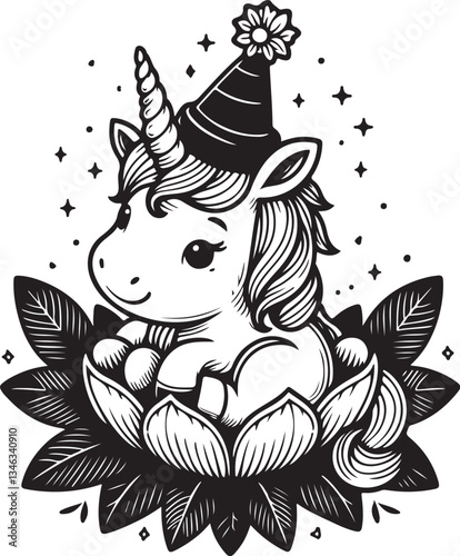 Solid Black Line Art Baby Unicorn