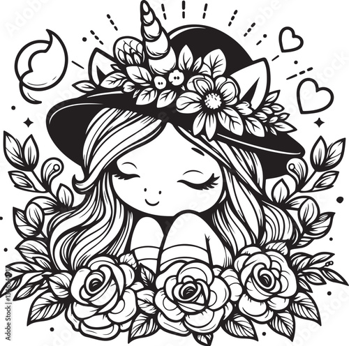 Solid Black Line Art Baby Unicorn