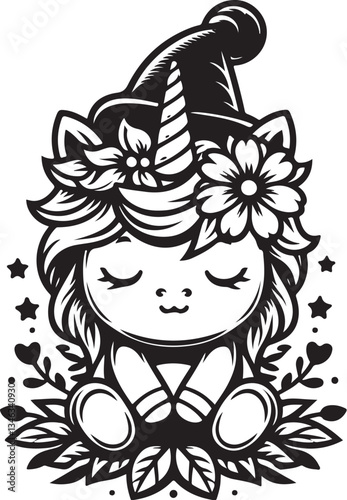 Solid Black Line Art Baby Unicorn