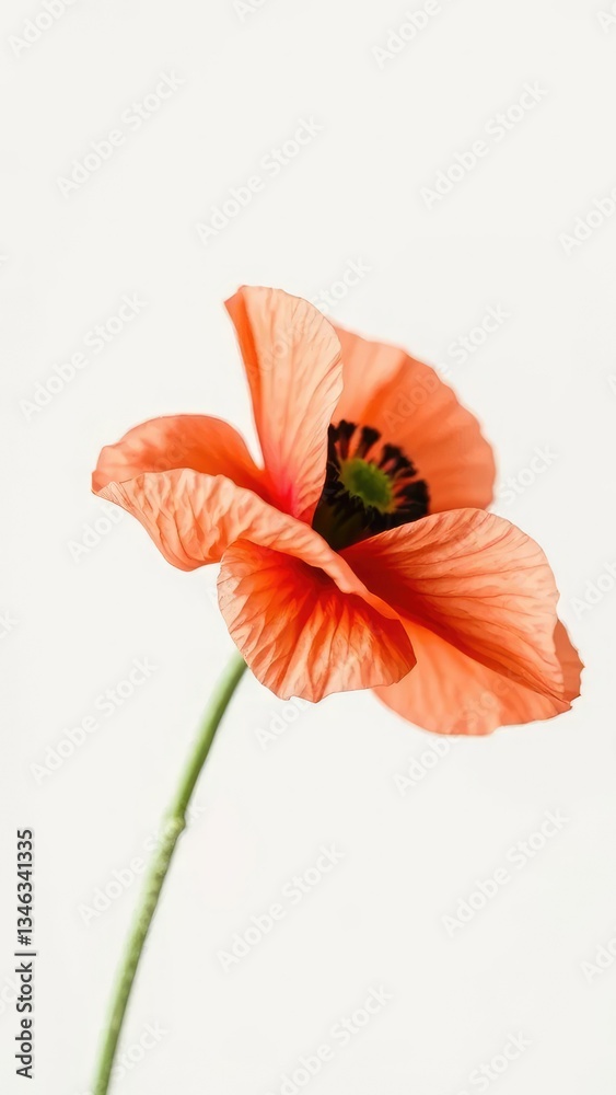 Fototapeta premium Delicate poppy petals on a slender stem with subtle texture, background, white, poppy
